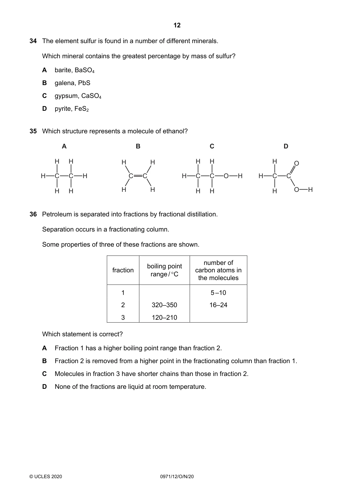 Cambridge IGCSE Chemistry (9-1) 0971 2020 Oct/Nov Paper 1 · Variant 2 question paper, page 12 of 16