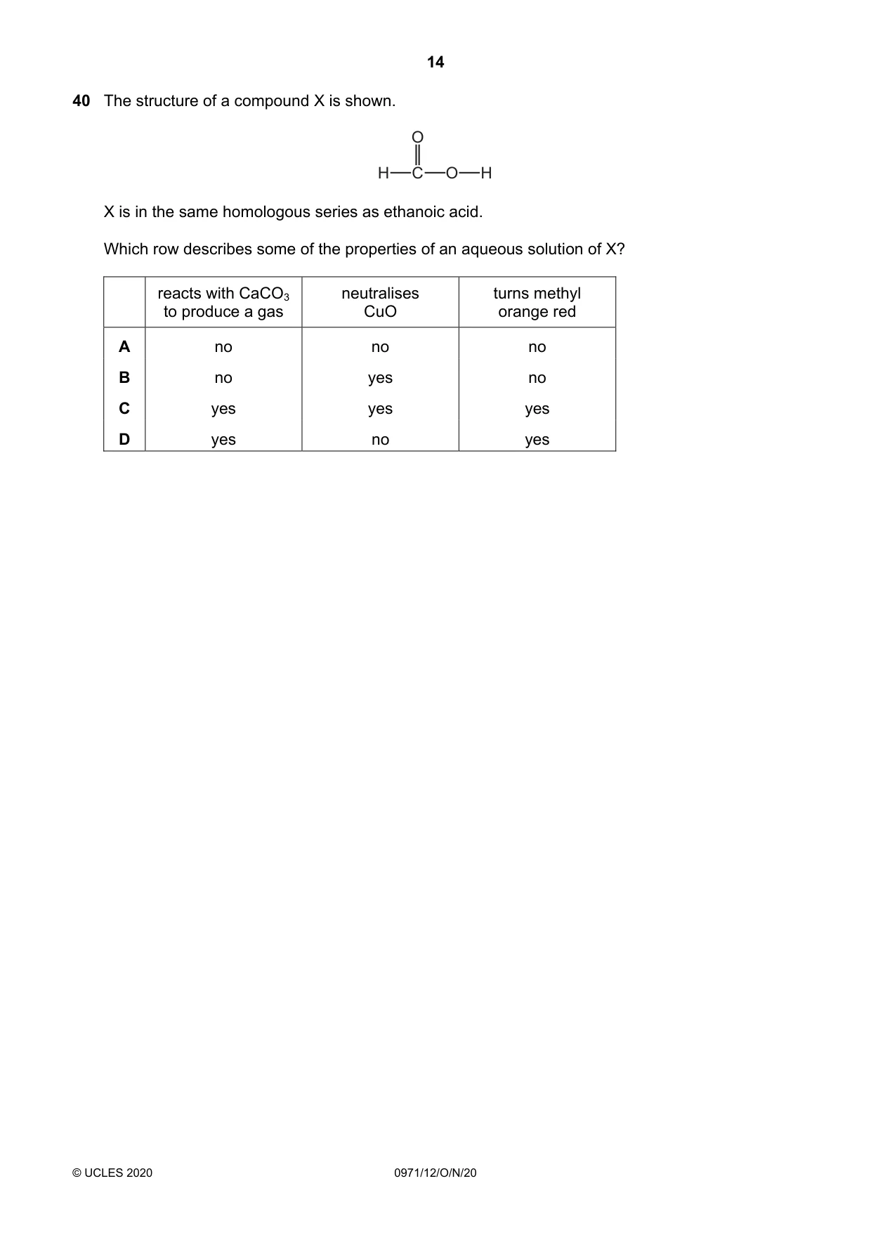 Cambridge IGCSE Chemistry (9-1) 0971 2020 Oct/Nov Paper 1 · Variant 2 question paper, page 14 of 16