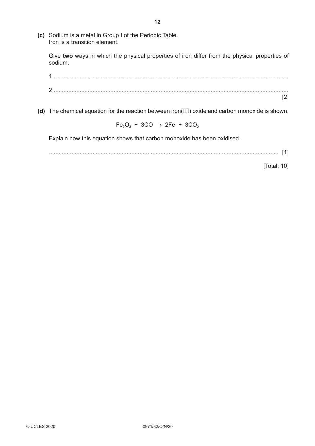 Cambridge IGCSE Chemistry (9-1) 0971 2020 Oct/Nov Paper 3 · Variant 2 question paper, page 12 of 20