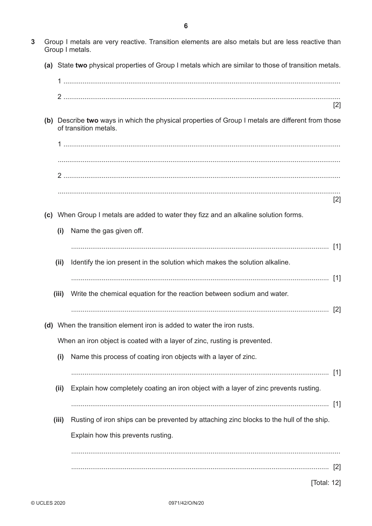 Cambridge IGCSE Chemistry (9-1) 0971 2020 Oct/Nov Paper 4 · Variant 2 question paper, page 6 of 12