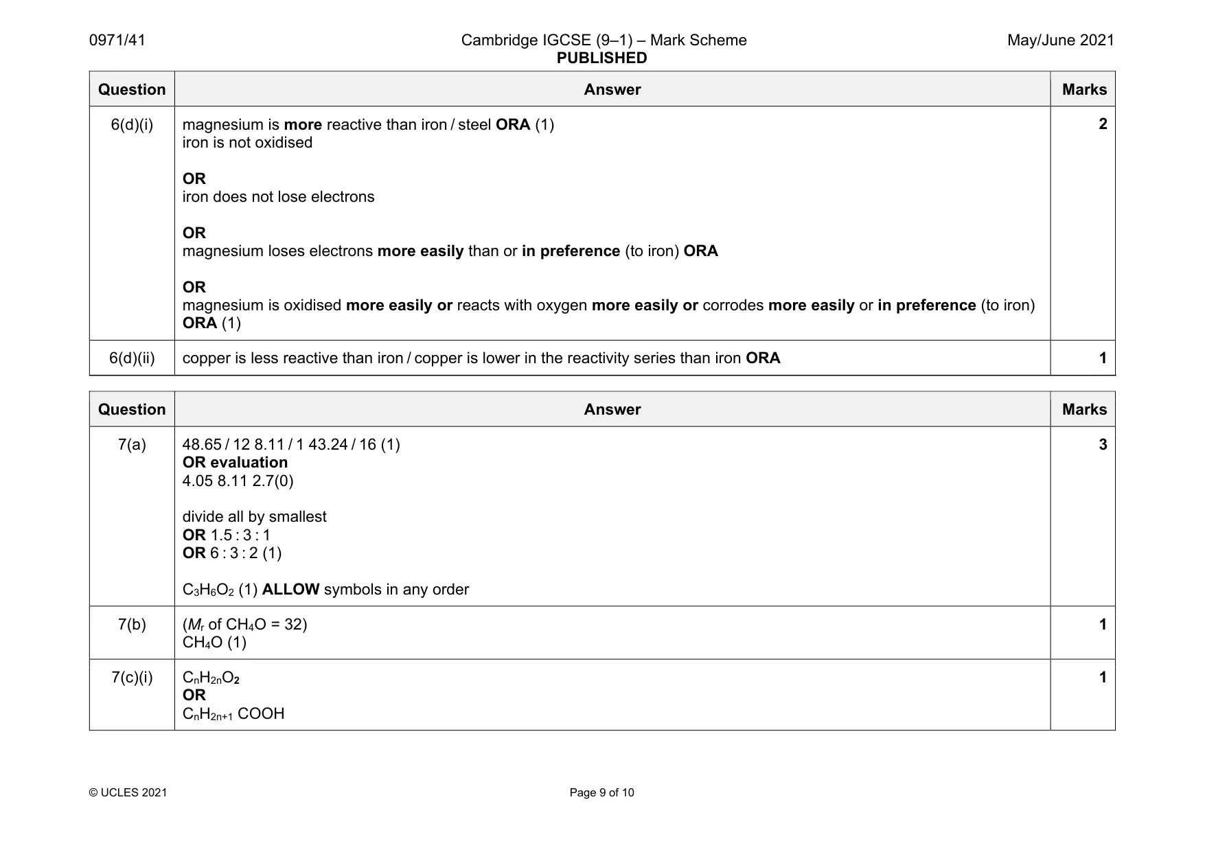 Mark scheme, page 9 of 10