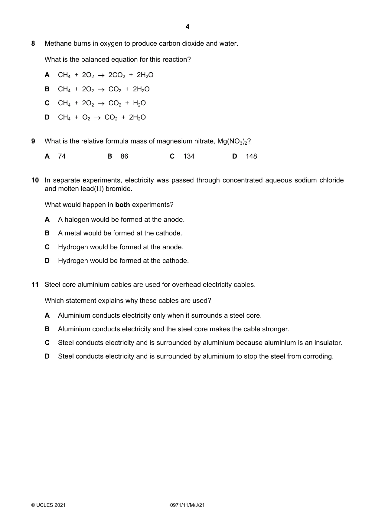 Cambridge IGCSE Chemistry (9-1) 0971 2021 May/June Paper 1 · Variant 1 question paper, page 4 of 16