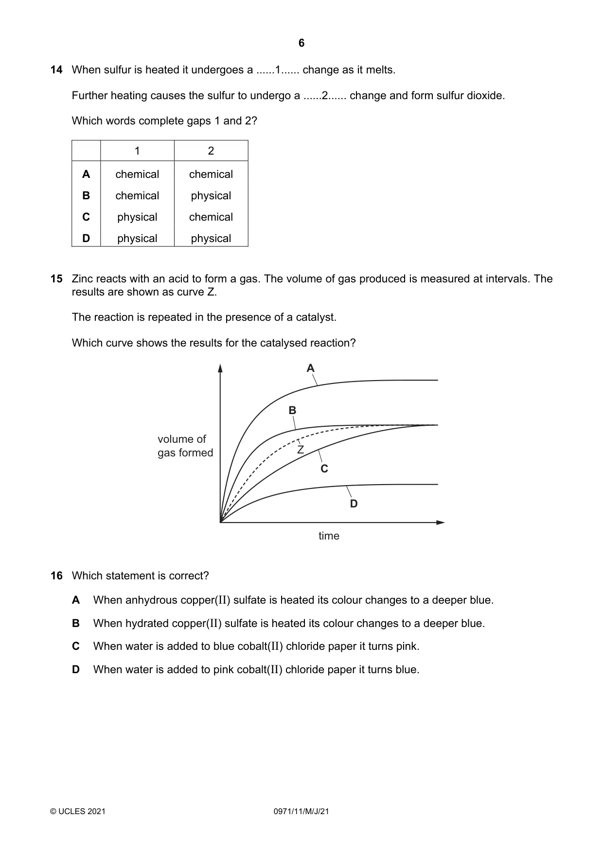 Cambridge IGCSE Chemistry (9-1) 0971 2021 May/June Paper 1 · Variant 1 question paper, page 6 of 16