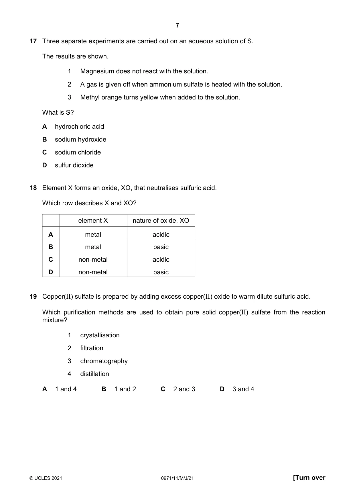 Cambridge IGCSE Chemistry (9-1) 0971 2021 May/June Paper 1 · Variant 1 question paper, page 7 of 16