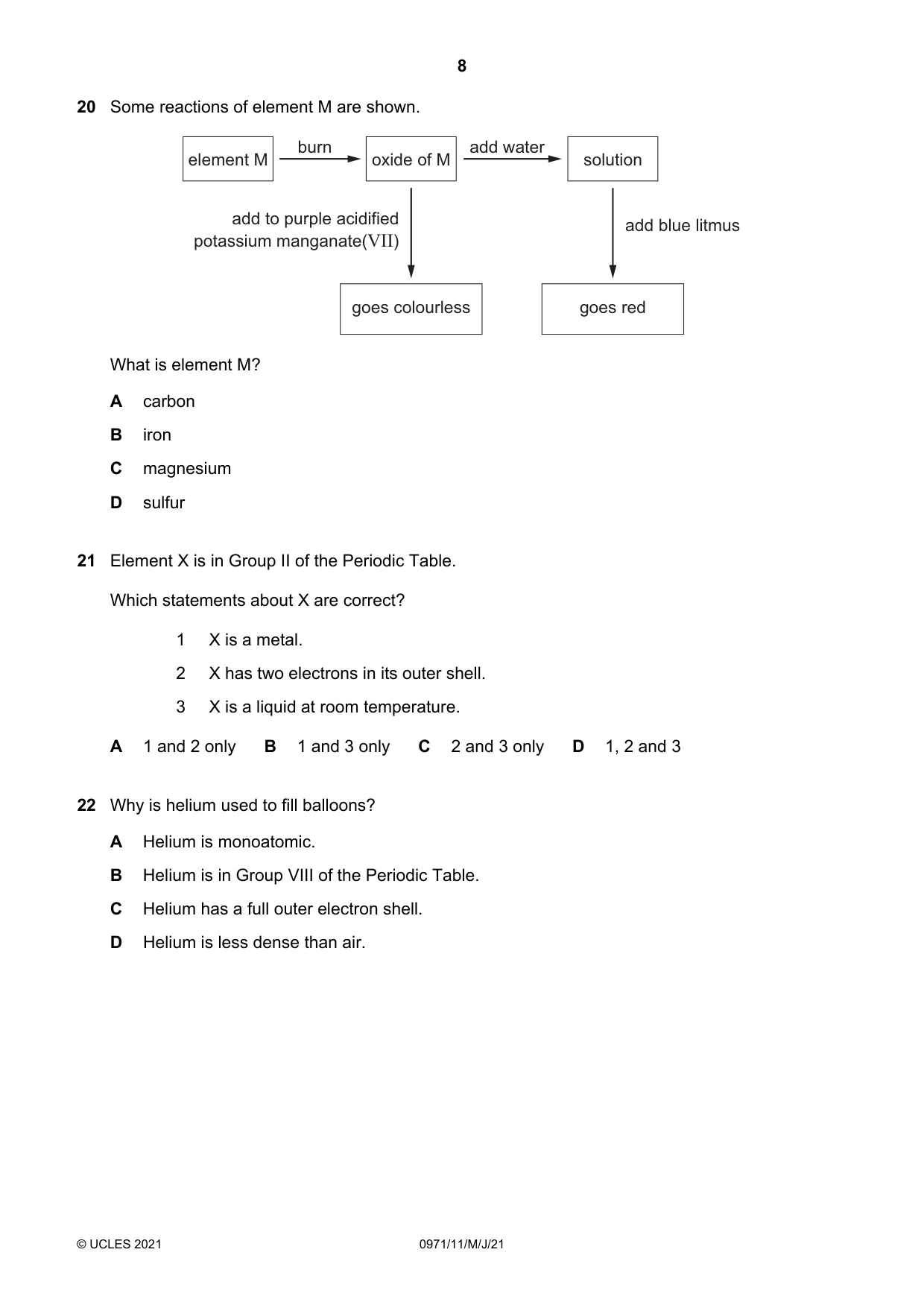Cambridge IGCSE Chemistry (9-1) 0971 2021 May/June Paper 1 · Variant 1 question paper, page 8 of 16