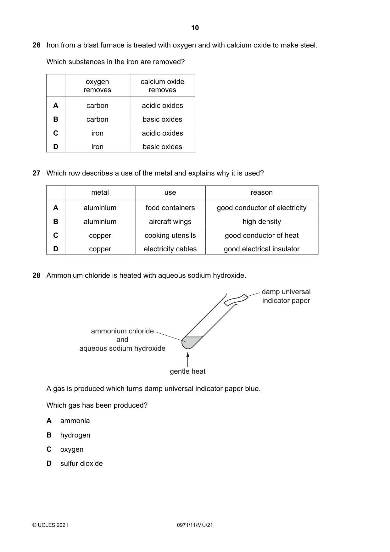 Cambridge IGCSE Chemistry (9-1) 0971 2021 May/June Paper 1 · Variant 1 question paper, page 10 of 16