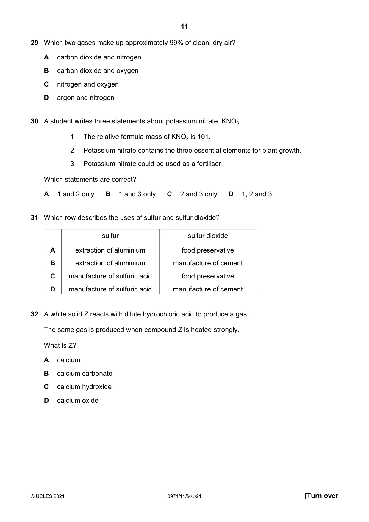 Cambridge IGCSE Chemistry (9-1) 0971 2021 May/June Paper 1 · Variant 1 question paper, page 11 of 16
