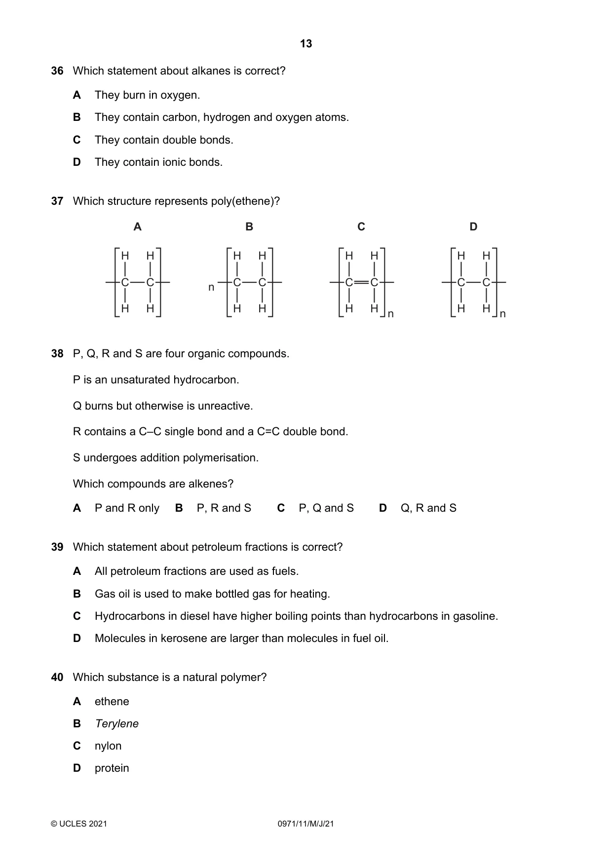 Cambridge IGCSE Chemistry (9-1) 0971 2021 May/June Paper 1 · Variant 1 question paper, page 13 of 16