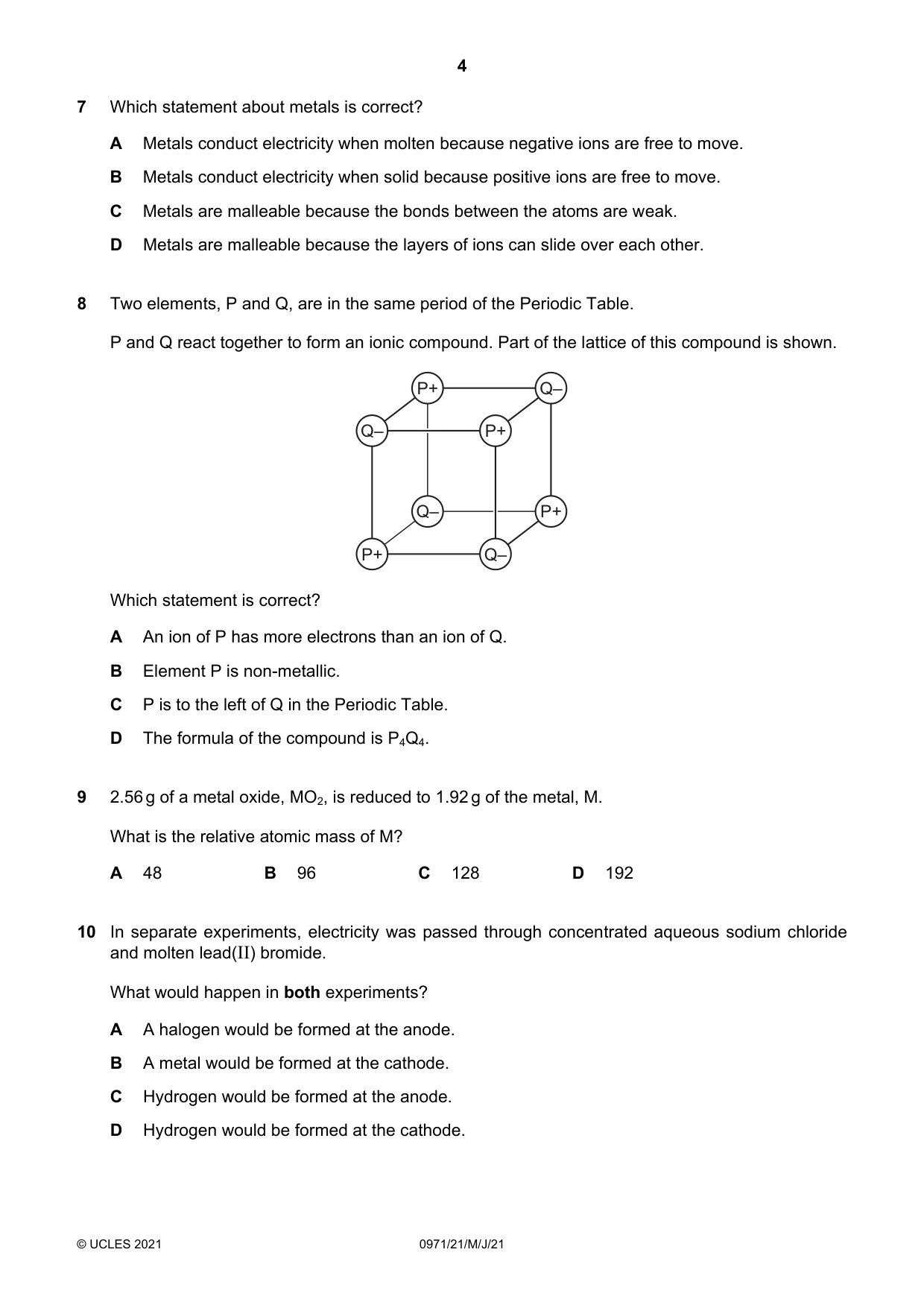 Cambridge IGCSE Chemistry (9-1) 0971 2021 May/June Paper 2 · Variant 1 question paper, page 4 of 16
