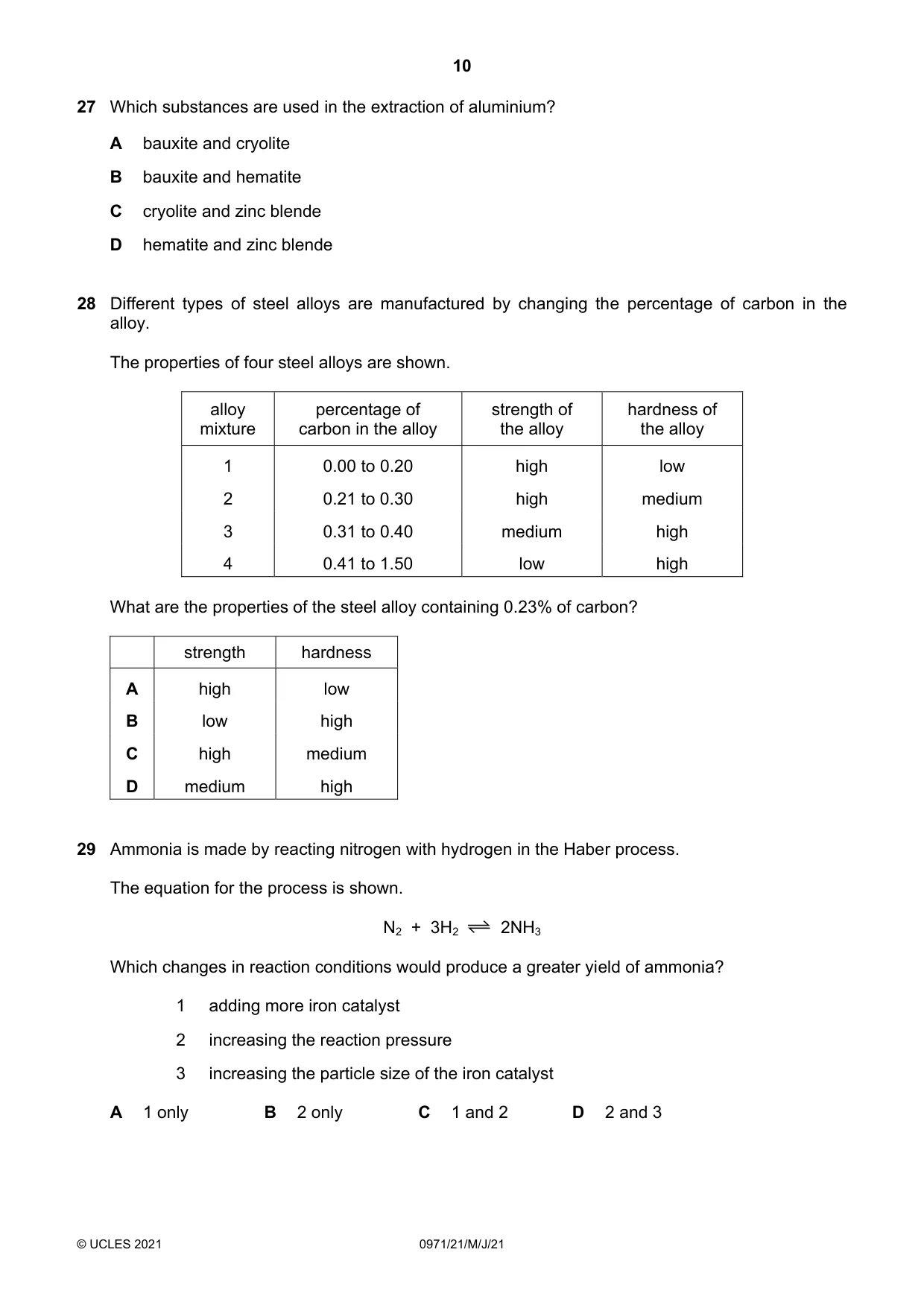 Cambridge IGCSE Chemistry (9-1) 0971 2021 May/June Paper 2 · Variant 1 question paper, page 10 of 16