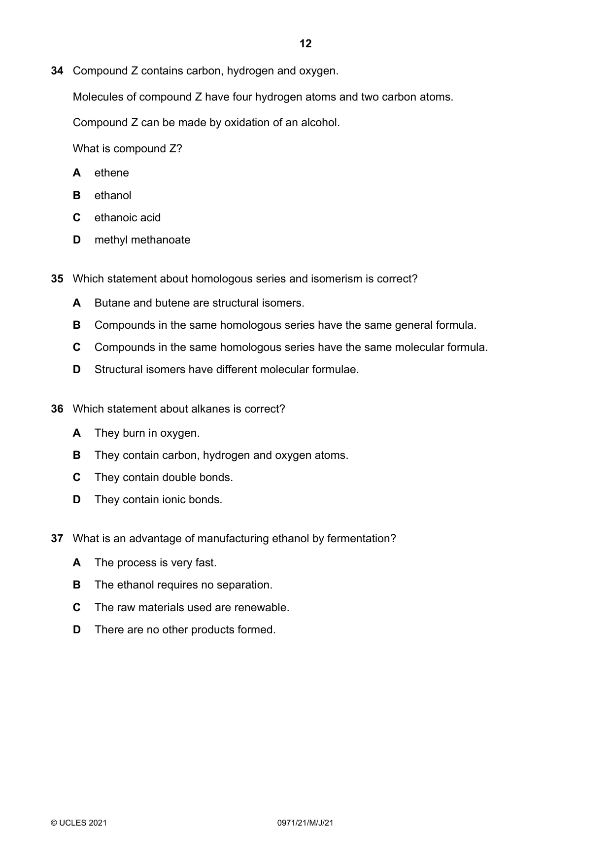 Cambridge IGCSE Chemistry (9-1) 0971 2021 May/June Paper 2 · Variant 1 question paper, page 12 of 16