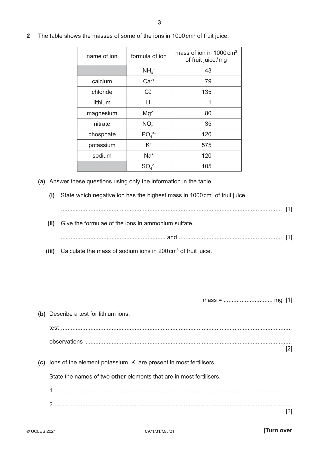 Cambridge IGCSE Chemistry (9-1) 0971 2021 May/June Paper 3 · Variant 1 question paper, page 3 of 16