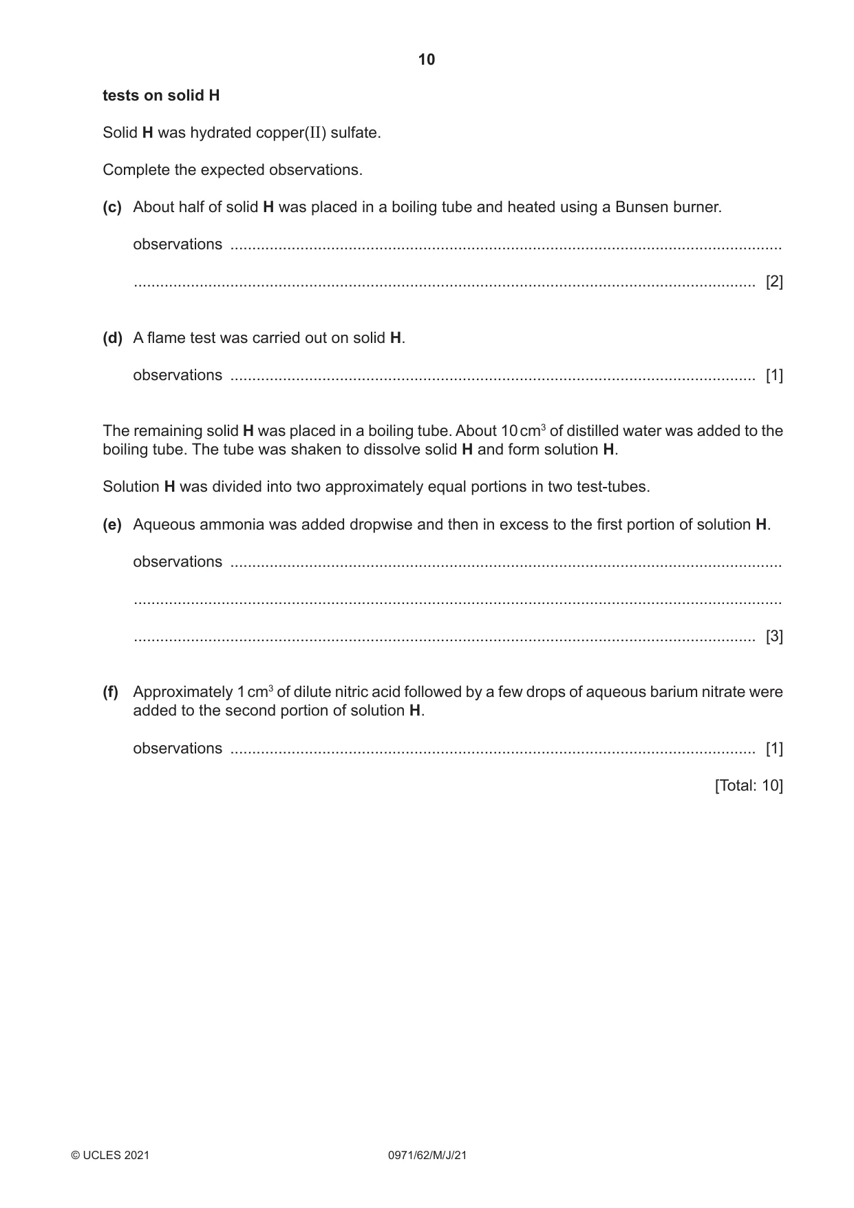 Cambridge IGCSE Chemistry (9-1) 0971 2021 May/June Paper 6 · Variant 2 question paper, page 10 of 12