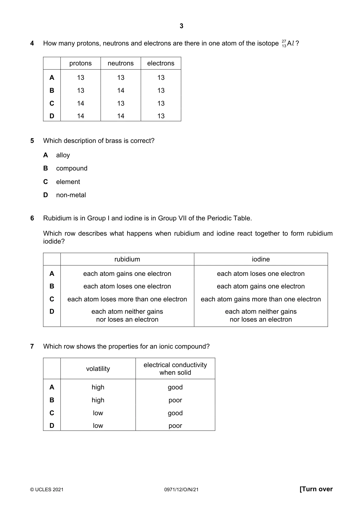 Cambridge IGCSE Chemistry (9-1) 0971 2021 Oct/Nov Paper 1 · Variant 2 question paper, page 3 of 16