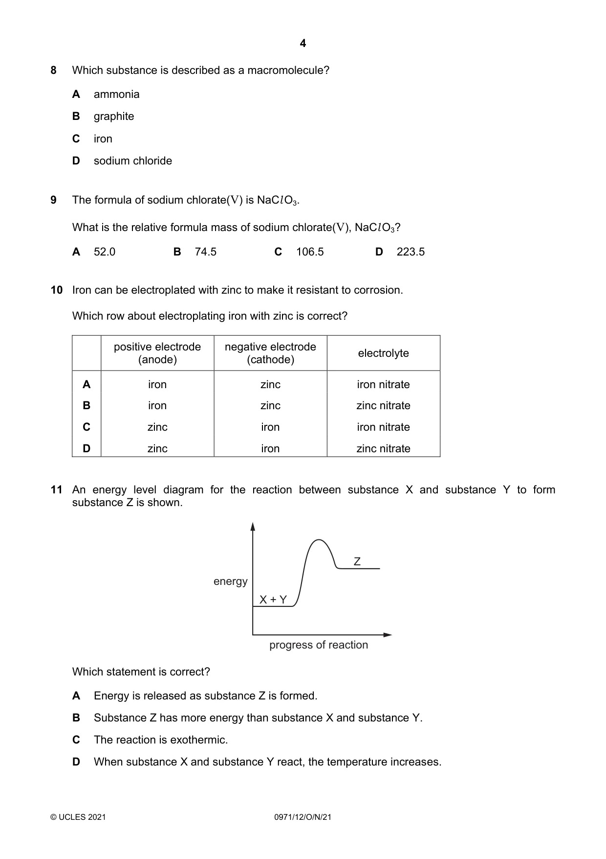 Cambridge IGCSE Chemistry (9-1) 0971 2021 Oct/Nov Paper 1 · Variant 2 question paper, page 4 of 16
