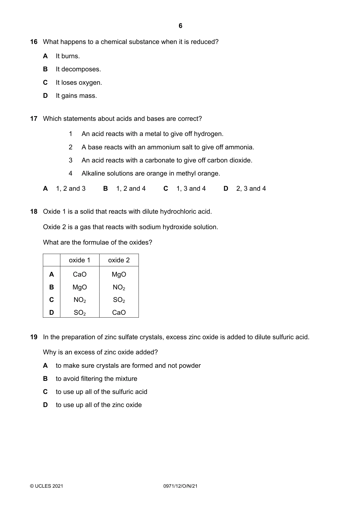 Cambridge IGCSE Chemistry (9-1) 0971 2021 Oct/Nov Paper 1 · Variant 2 question paper, page 6 of 16