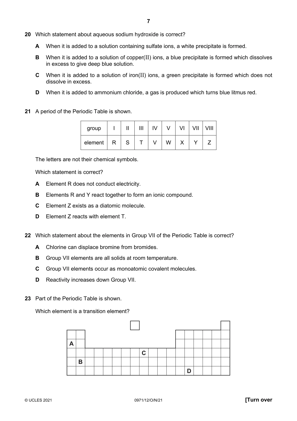 Cambridge IGCSE Chemistry (9-1) 0971 2021 Oct/Nov Paper 1 · Variant 2 question paper, page 7 of 16