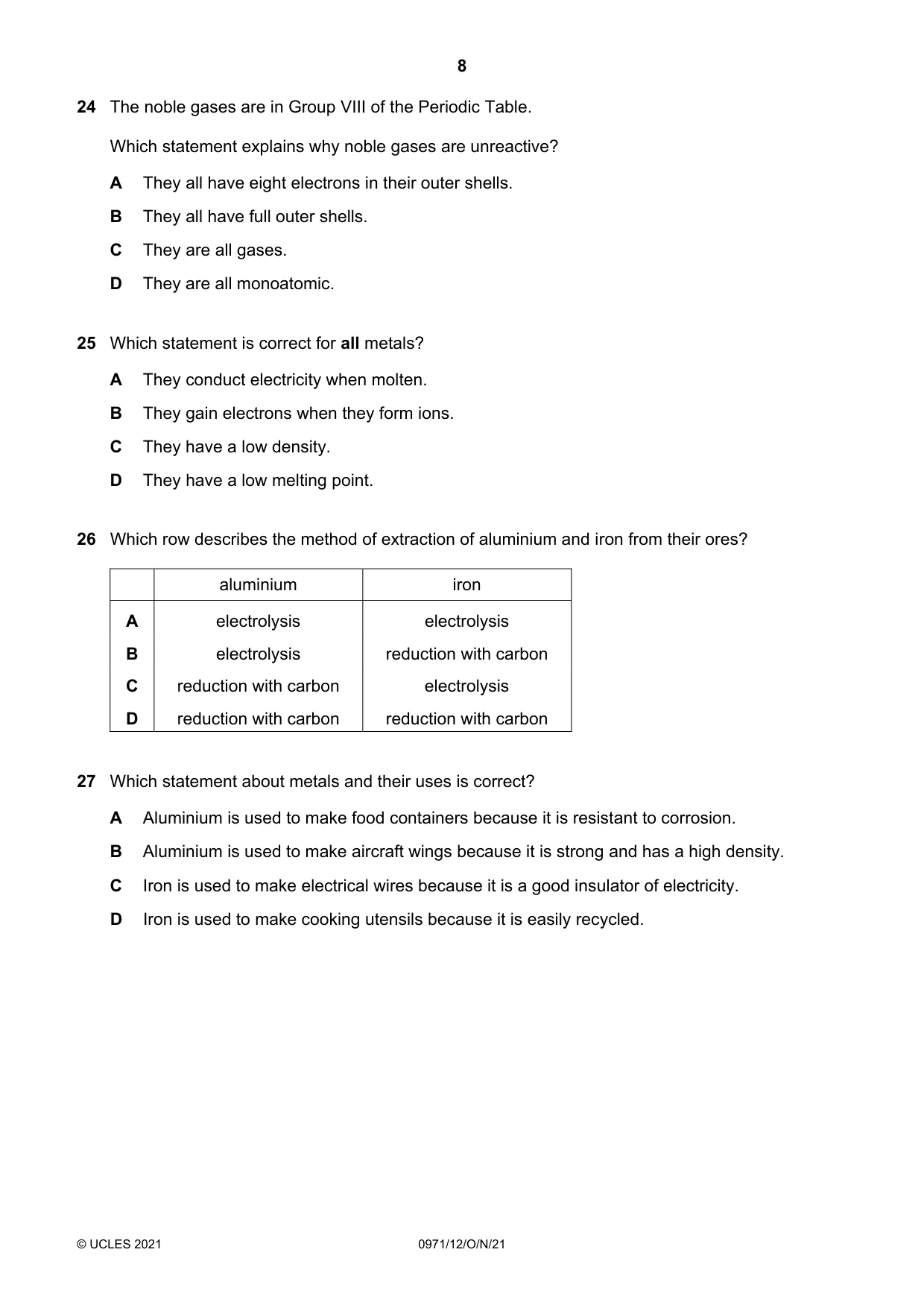 Cambridge IGCSE Chemistry (9-1) 0971 2021 Oct/Nov Paper 1 · Variant 2 question paper, page 8 of 16