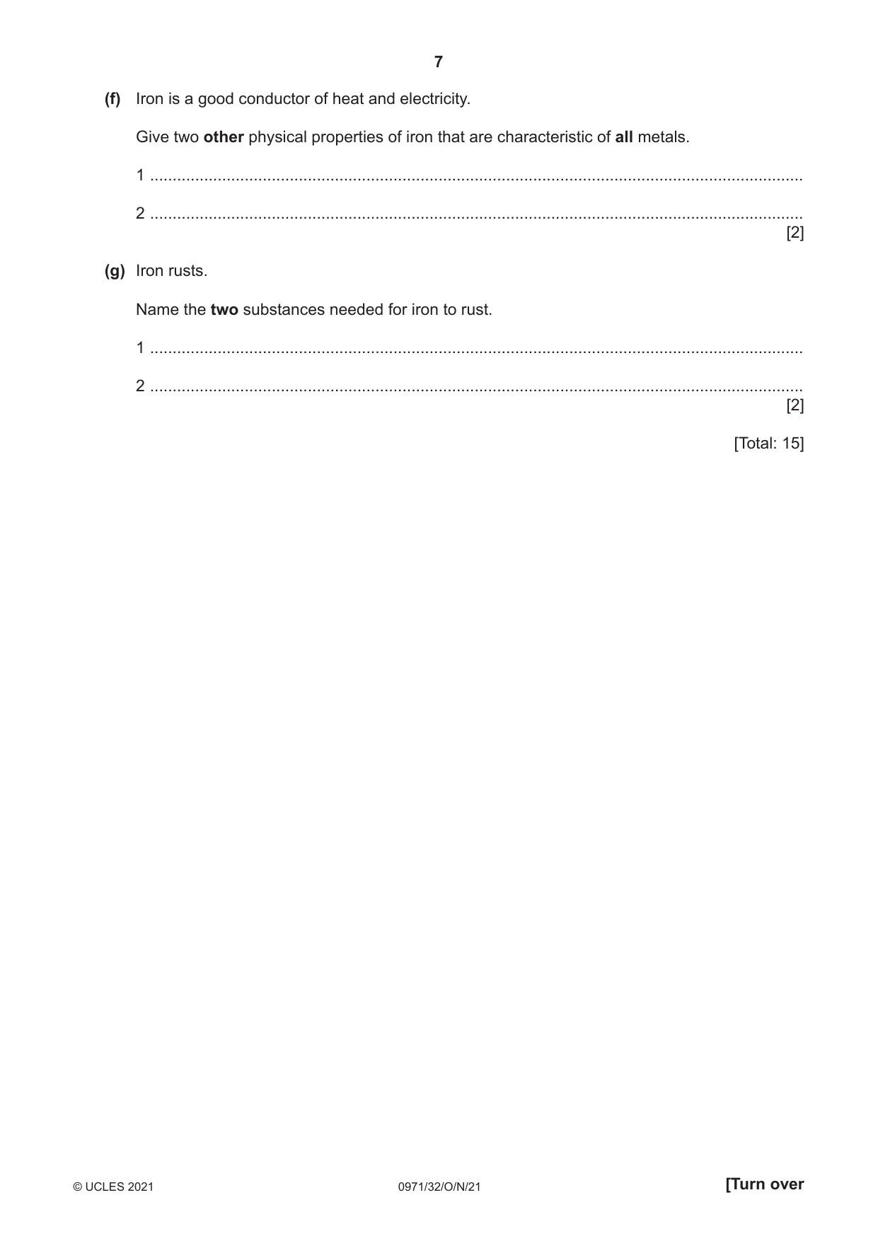 Cambridge IGCSE Chemistry (9-1) 0971 2021 Oct/Nov Paper 3 · Variant 2 question paper, page 7 of 20