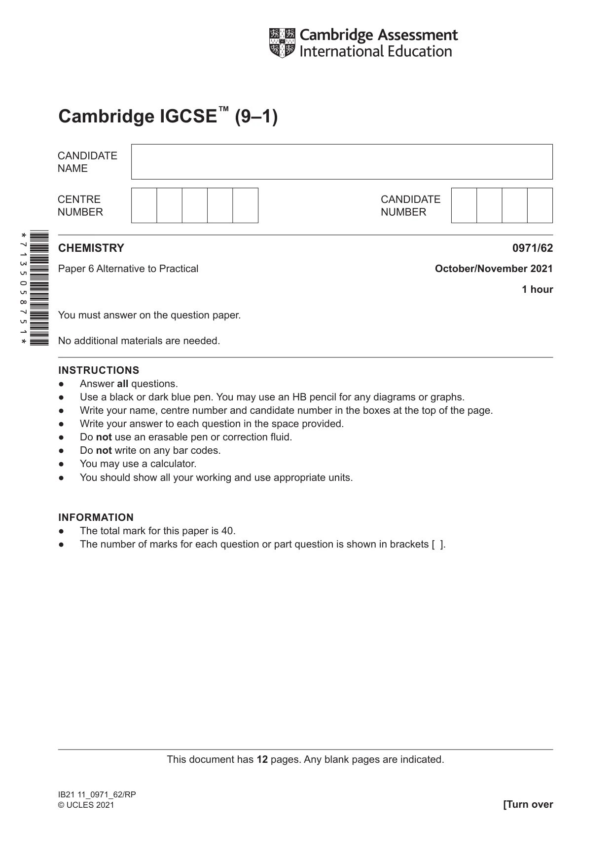 Cambridge IGCSE Chemistry (9-1) 0971 2021 Oct/Nov Paper 6 · Variant 2 question paper, page 1 of 12