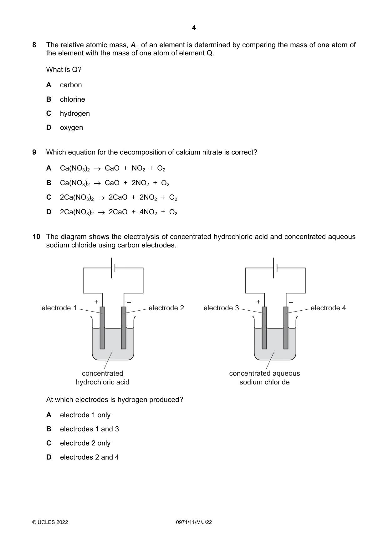 Cambridge IGCSE Chemistry (9-1) 0971 2022 May/June Paper 1 · Variant 1 question paper, page 4 of 16