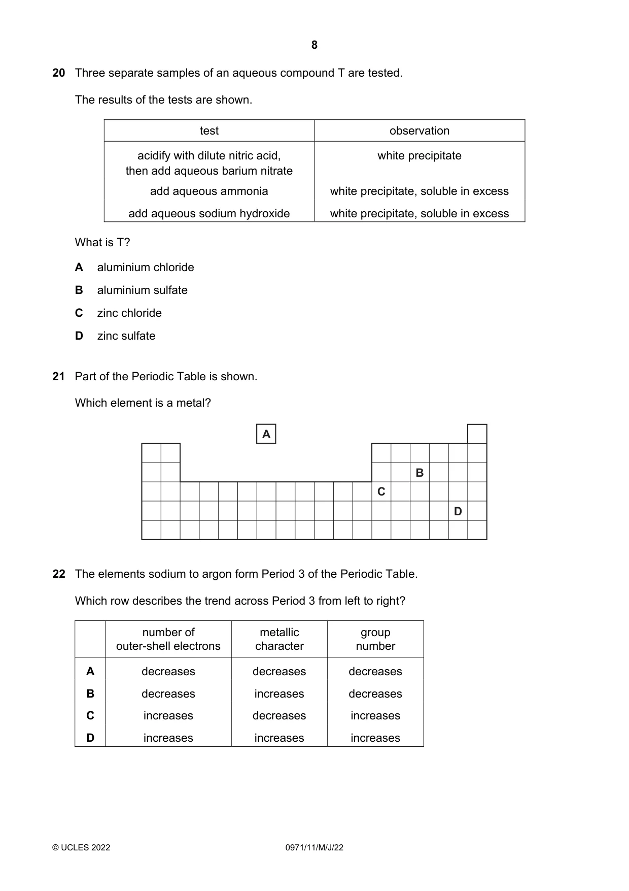 Cambridge IGCSE Chemistry (9-1) 0971 2022 May/June Paper 1 · Variant 1 question paper, page 8 of 16