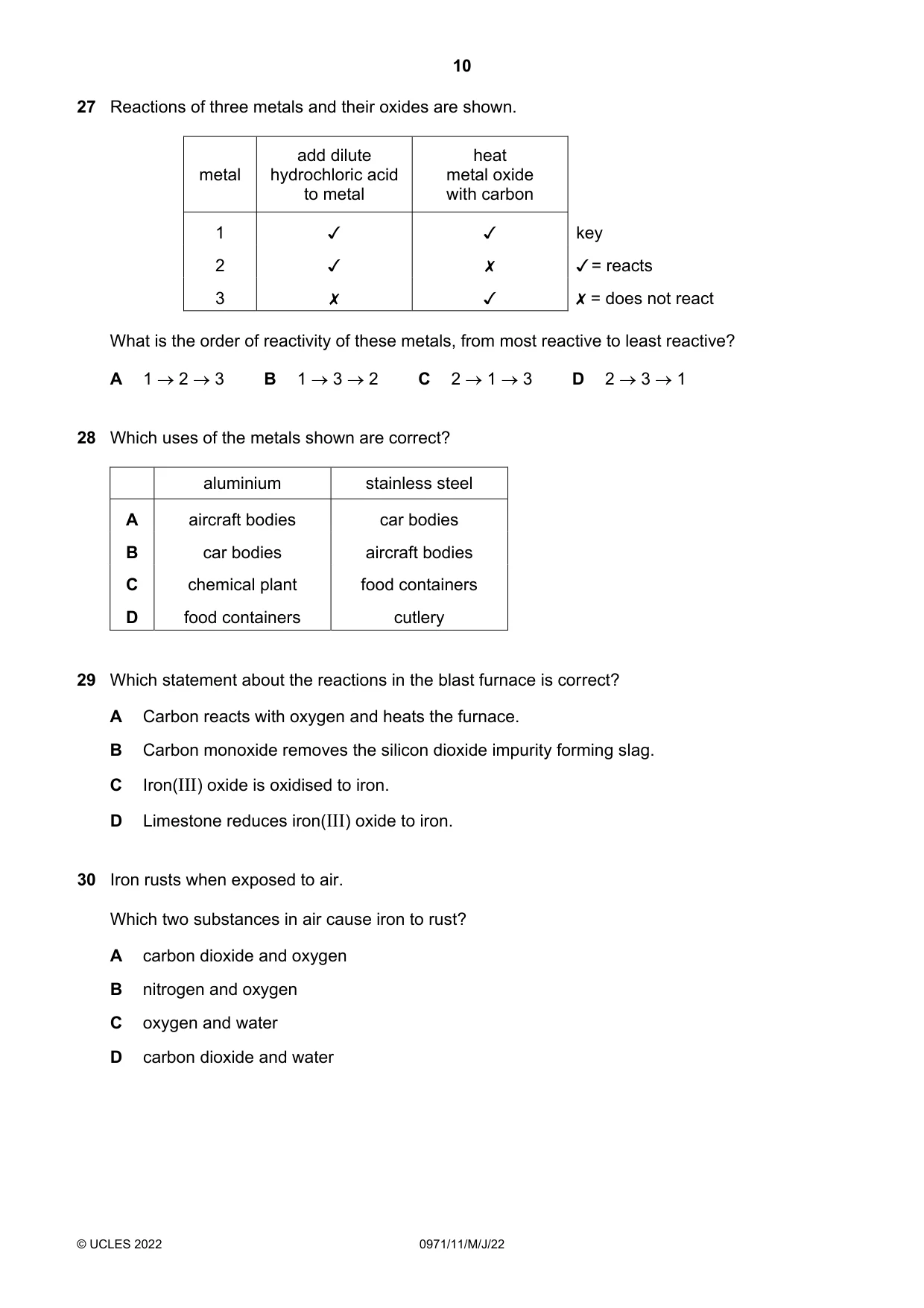 Cambridge IGCSE Chemistry (9-1) 0971 2022 May/June Paper 1 · Variant 1 question paper, page 10 of 16