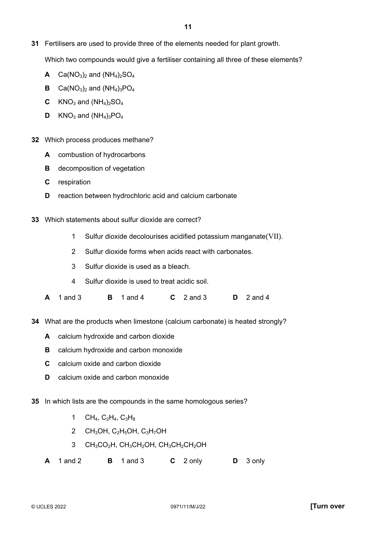 Cambridge IGCSE Chemistry (9-1) 0971 2022 May/June Paper 1 · Variant 1 question paper, page 11 of 16