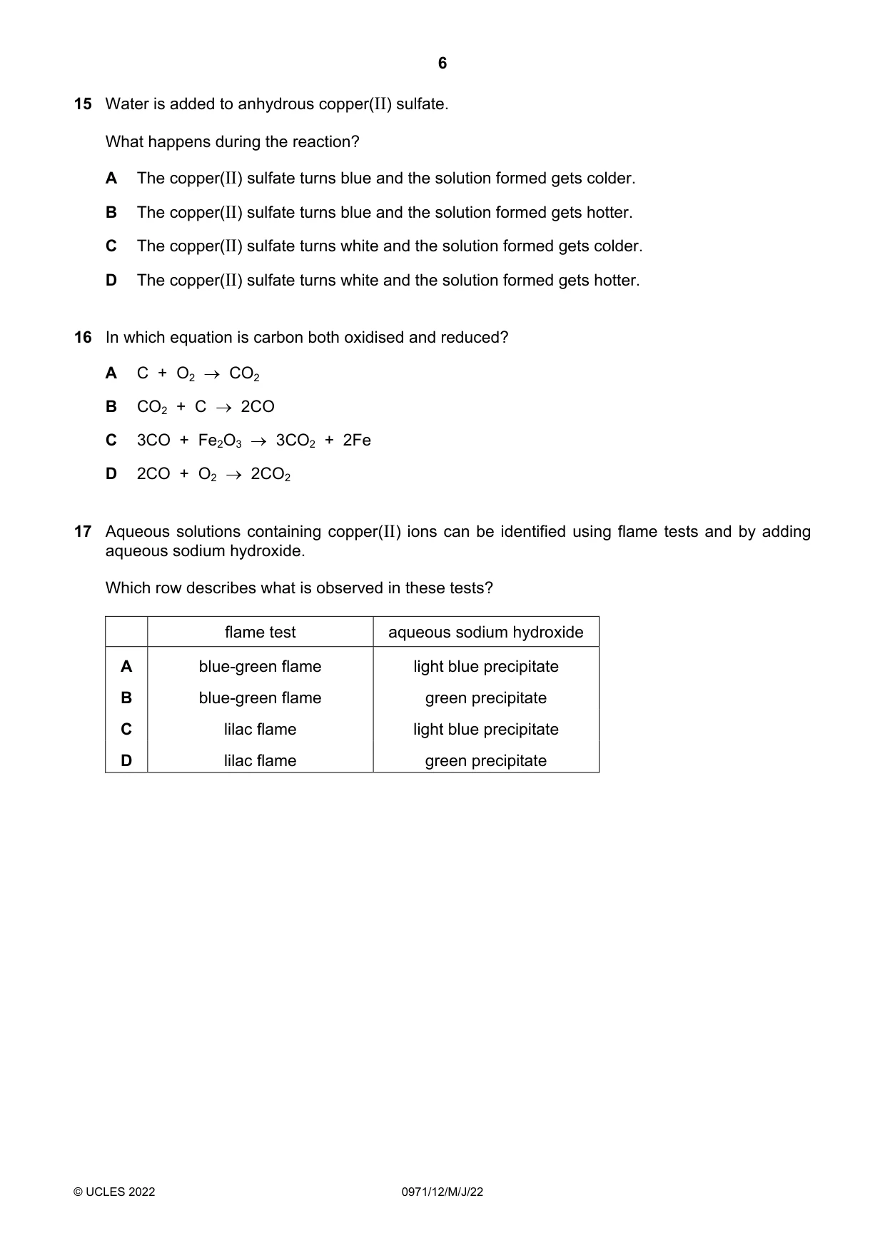 Cambridge IGCSE Chemistry (9-1) 0971 2022 May/June Paper 1 · Variant 2 question paper, page 6 of 16