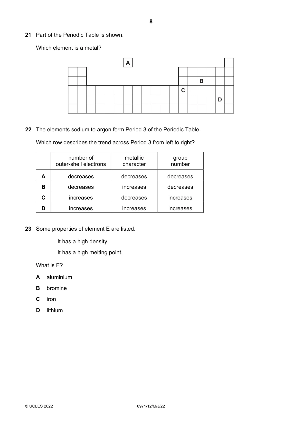 Cambridge IGCSE Chemistry (9-1) 0971 2022 May/June Paper 1 · Variant 2 question paper, page 8 of 16