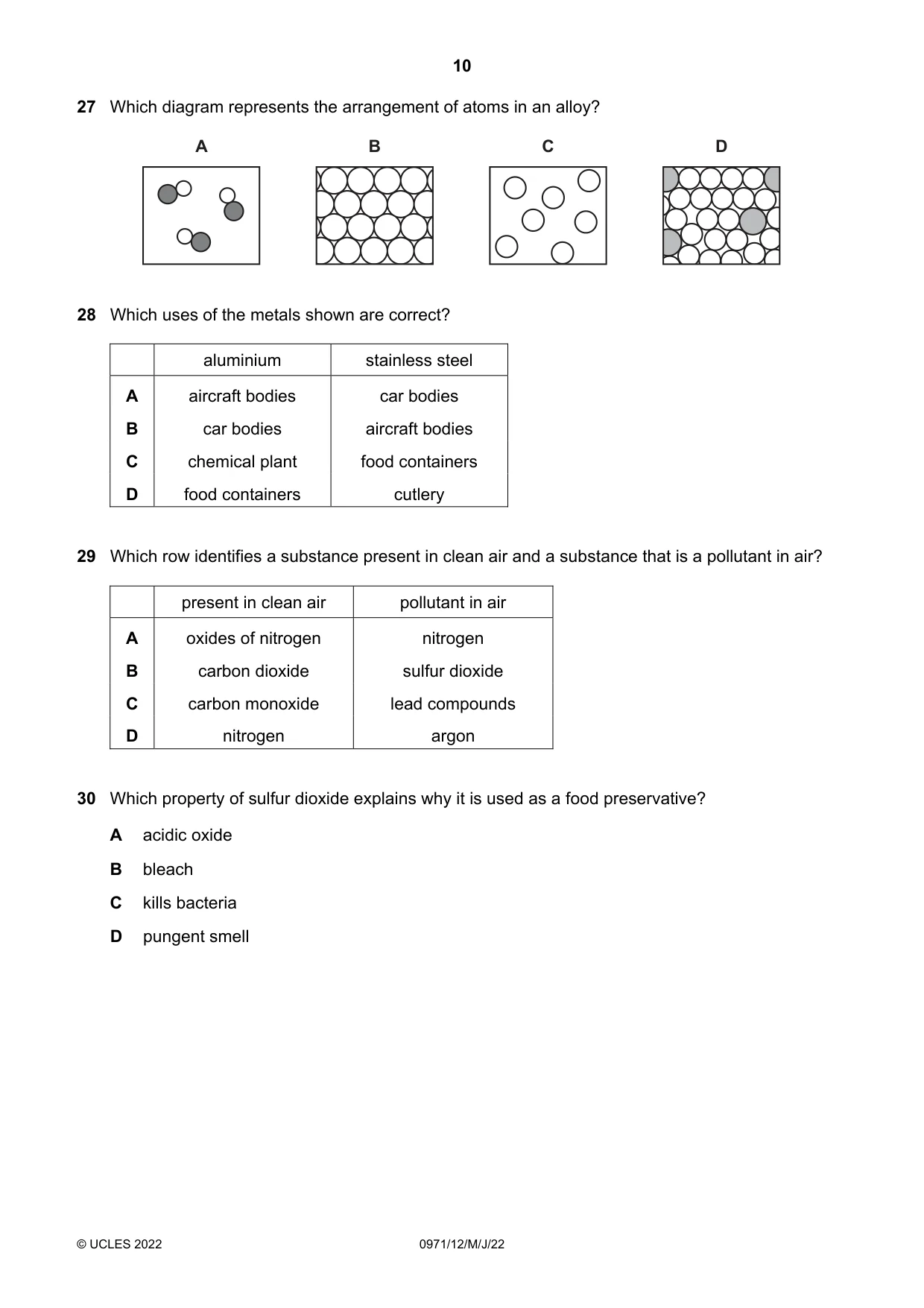 Cambridge IGCSE Chemistry (9-1) 0971 2022 May/June Paper 1 · Variant 2 question paper, page 10 of 16