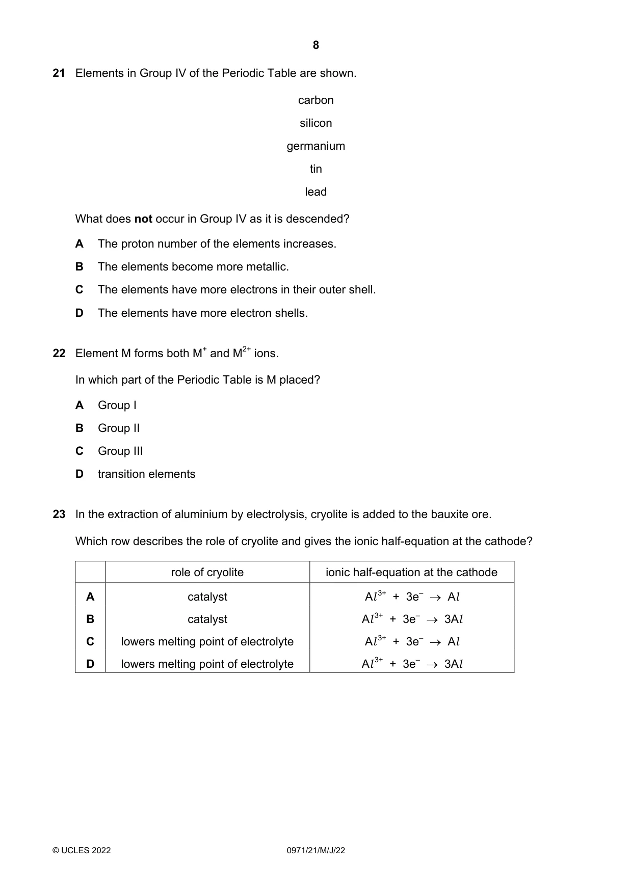 Cambridge IGCSE Chemistry (9-1) 0971 2022 May/June Paper 2 · Variant 1 question paper, page 8 of 16
