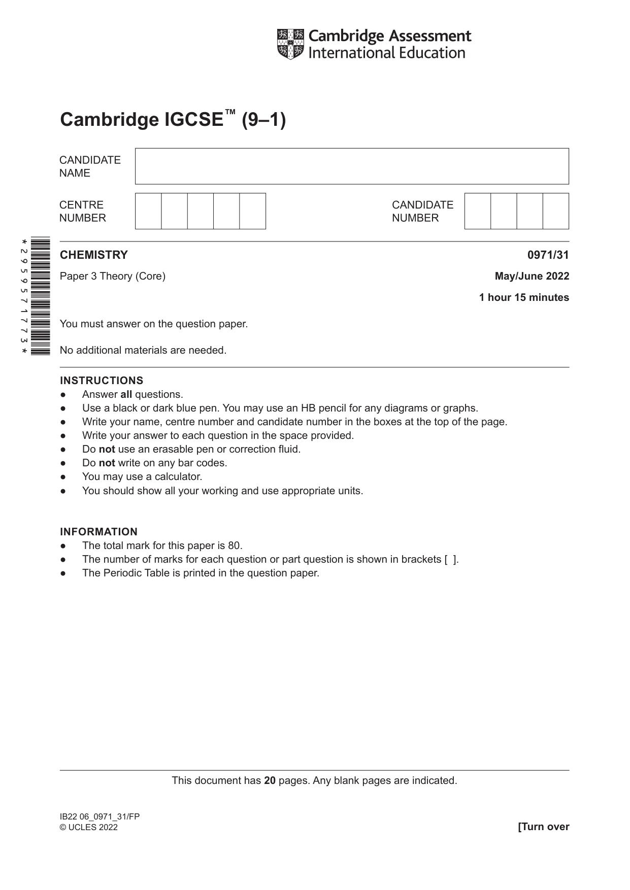 Cambridge IGCSE Chemistry (9-1) 0971 2022 May/June Paper 3 · Variant 1 question paper, page 1 of 20