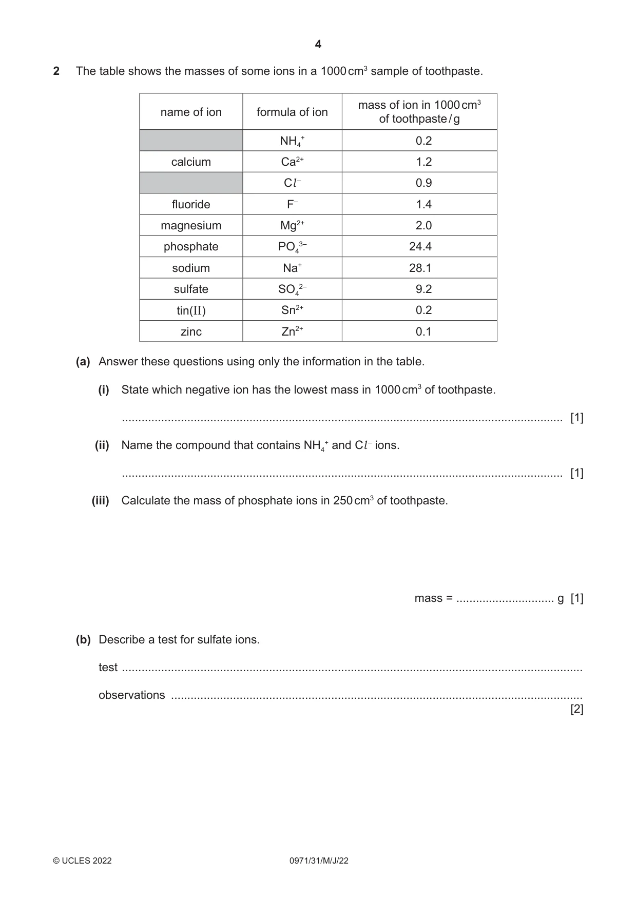 Cambridge IGCSE Chemistry (9-1) 0971 2022 May/June Paper 3 · Variant 1 question paper, page 4 of 20