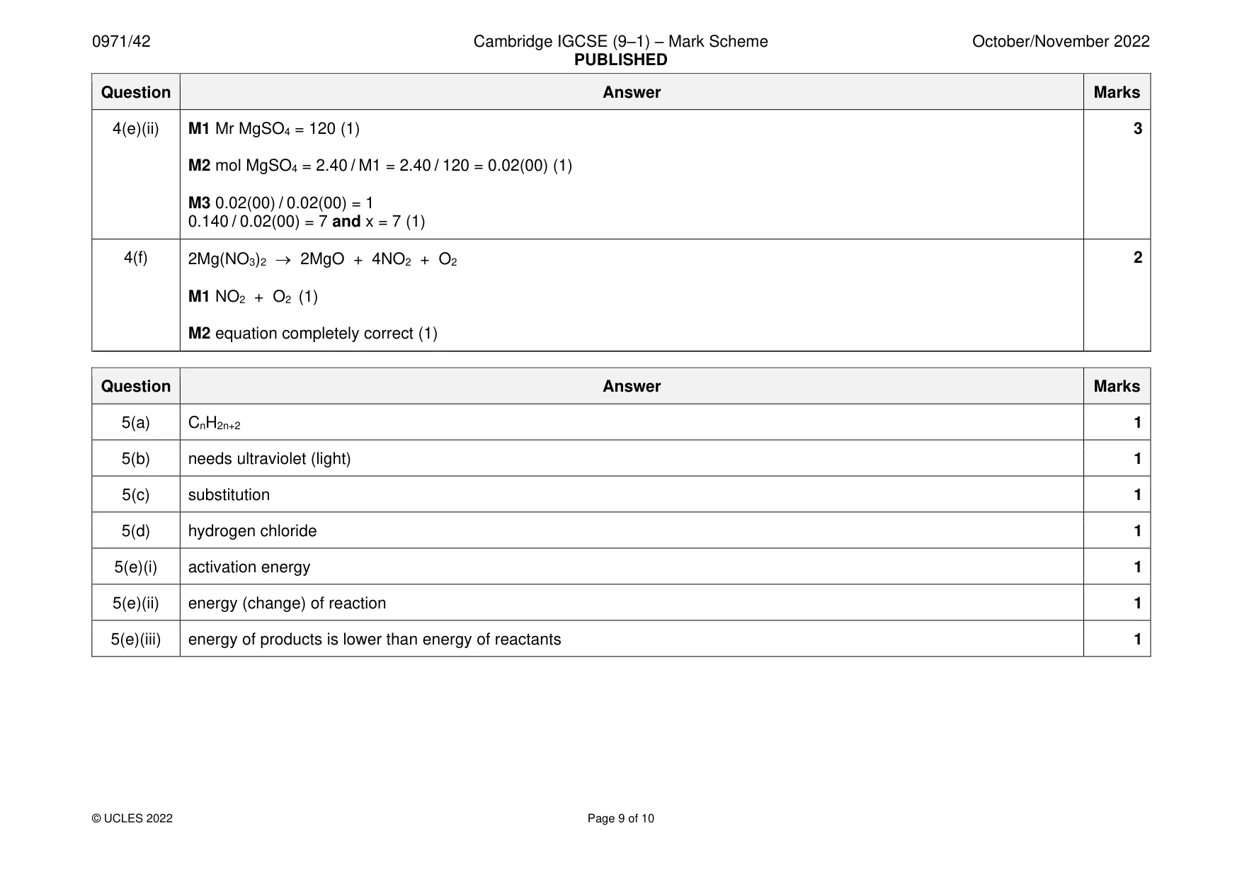 Mark scheme, page 9 of 10