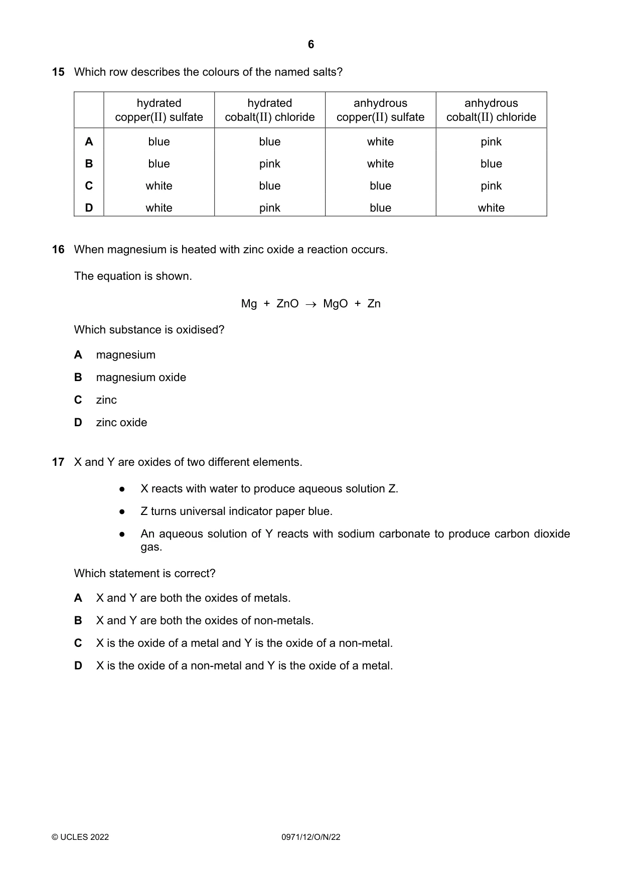 Cambridge IGCSE Chemistry (9-1) 0971 2022 Oct/Nov Paper 1 · Variant 2 question paper, page 6 of 16