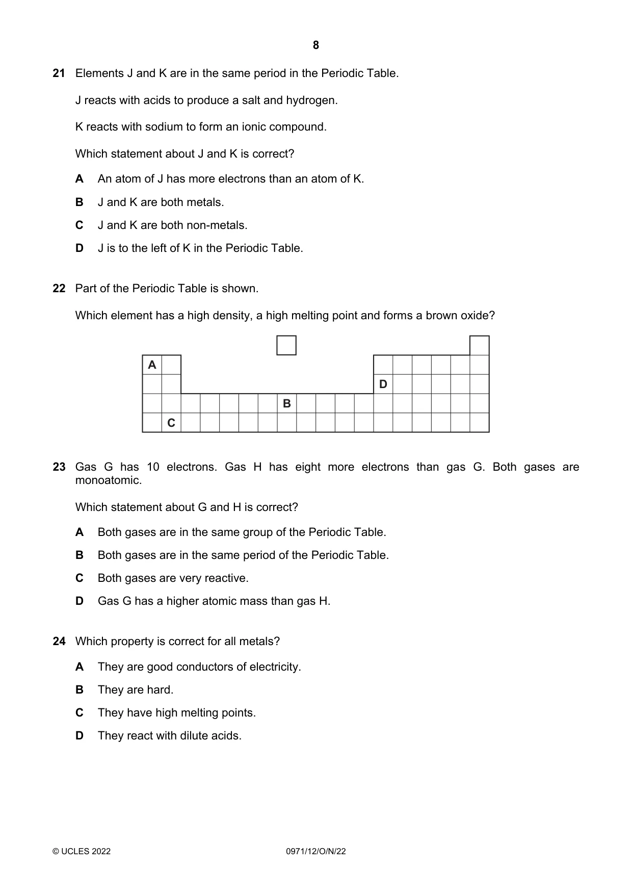 Cambridge IGCSE Chemistry (9-1) 0971 2022 Oct/Nov Paper 1 · Variant 2 question paper, page 8 of 16
