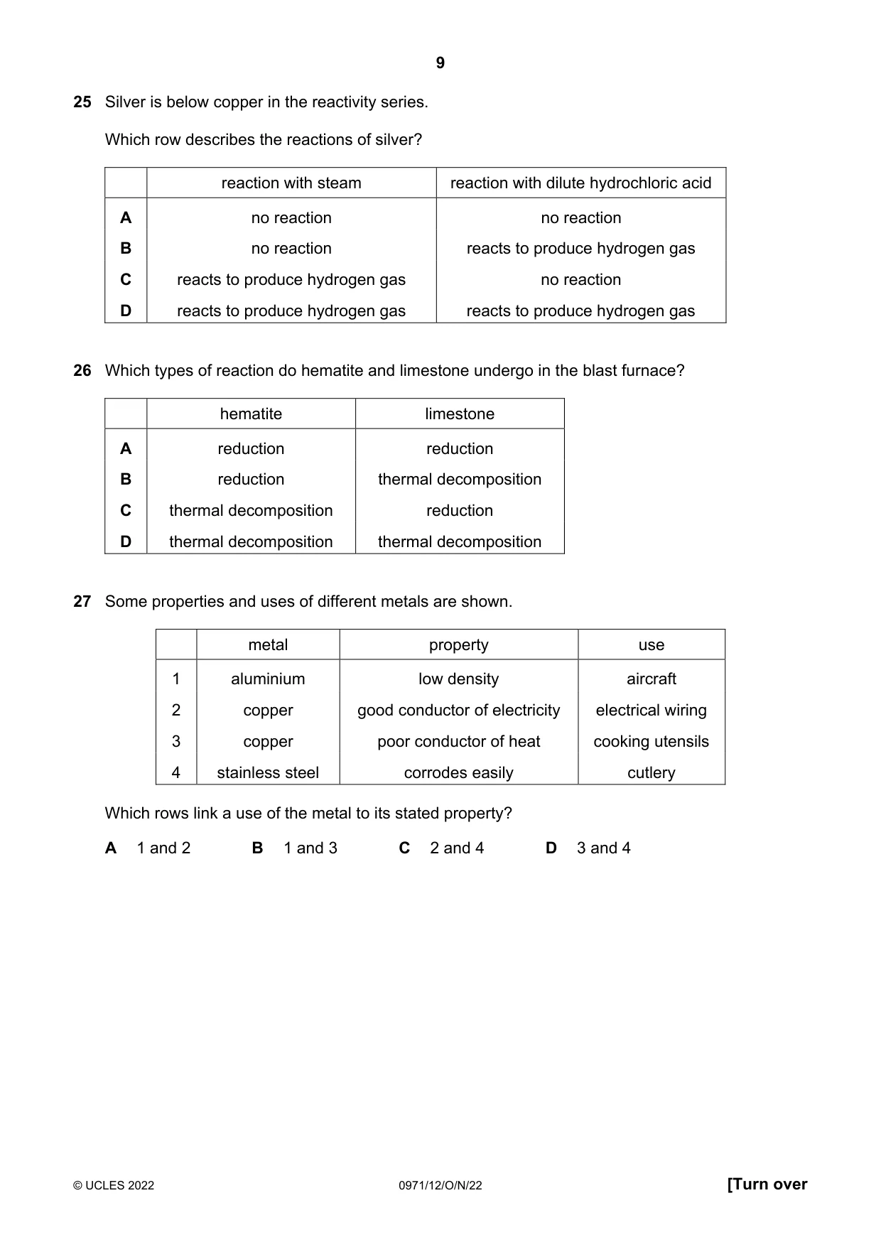 Cambridge IGCSE Chemistry (9-1) 0971 2022 Oct/Nov Paper 1 · Variant 2 question paper, page 9 of 16