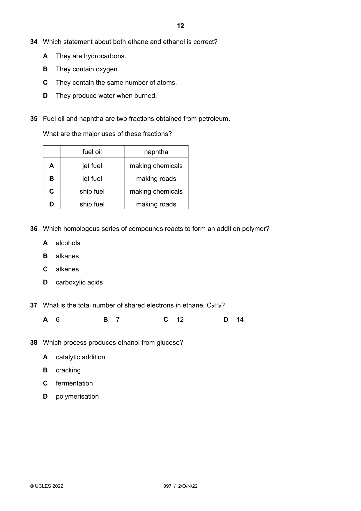 Cambridge IGCSE Chemistry (9-1) 0971 2022 Oct/Nov Paper 1 · Variant 2 question paper, page 12 of 16