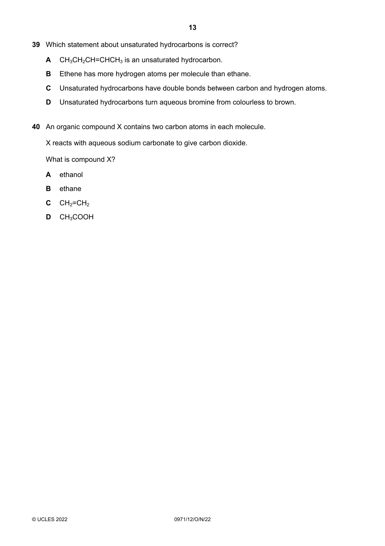 Cambridge IGCSE Chemistry (9-1) 0971 2022 Oct/Nov Paper 1 · Variant 2 question paper, page 13 of 16