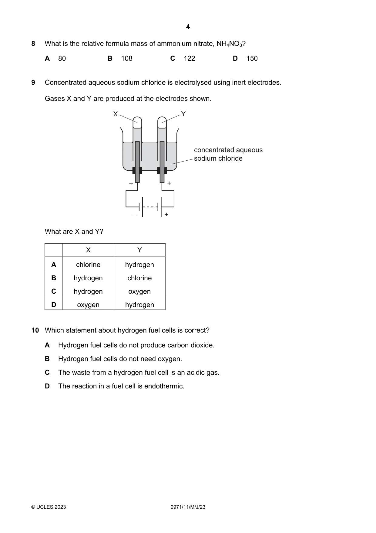 Cambridge IGCSE Chemistry (9-1) 0971 2023 May/June Paper 1 · Variant 1 question paper, page 4 of 16