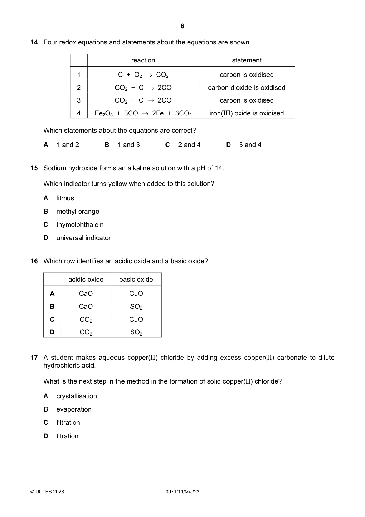Cambridge IGCSE Chemistry (9-1) 0971 2023 May/June Paper 1 · Variant 1 question paper, page 6 of 16