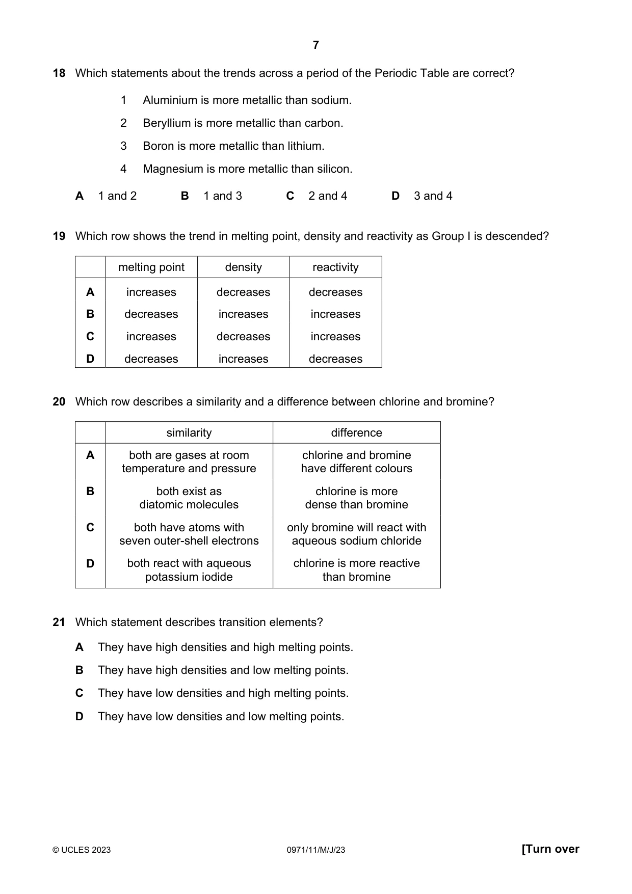 Cambridge IGCSE Chemistry (9-1) 0971 2023 May/June Paper 1 · Variant 1 question paper, page 7 of 16