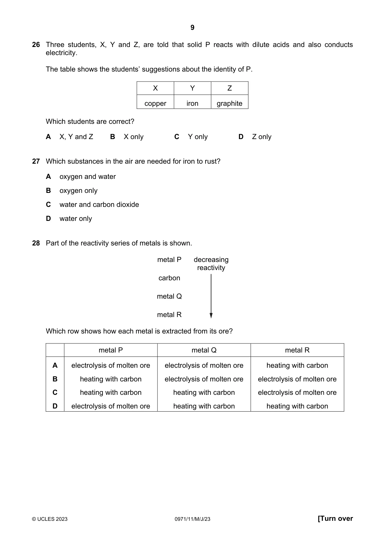 Cambridge IGCSE Chemistry (9-1) 0971 2023 May/June Paper 1 · Variant 1 question paper, page 9 of 16