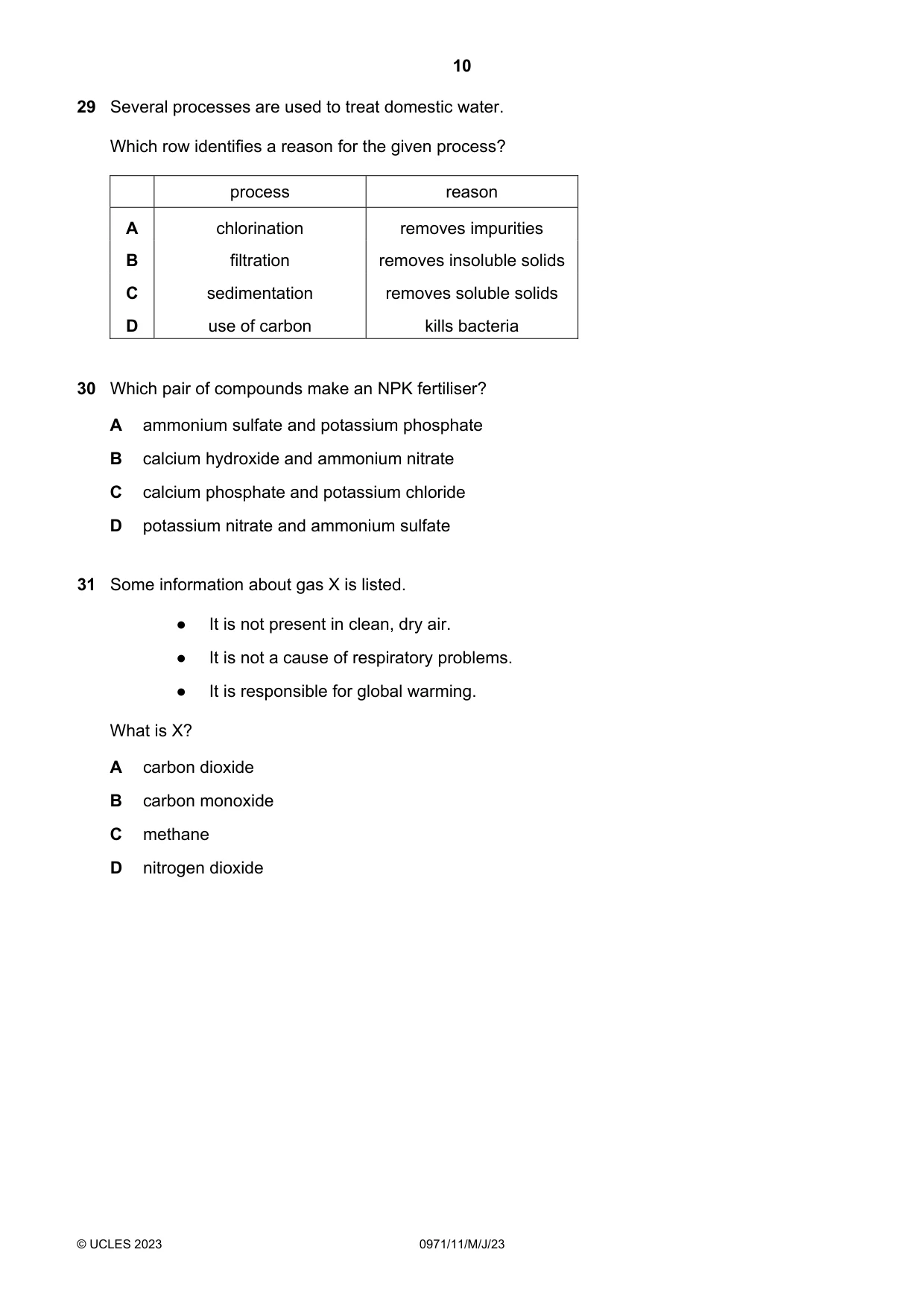 Cambridge IGCSE Chemistry (9-1) 0971 2023 May/June Paper 1 · Variant 1 question paper, page 10 of 16