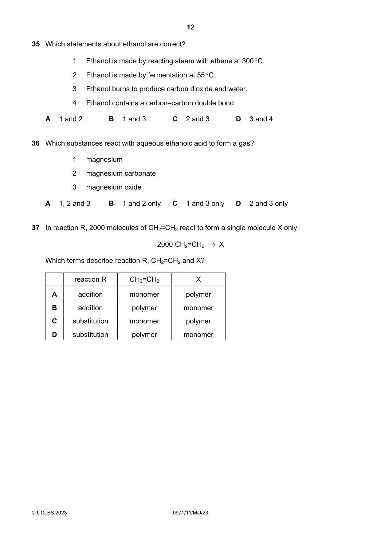 Cambridge IGCSE Chemistry (9-1) 0971 2023 May/June Paper 1 · Variant 1 question paper, page 12 of 16