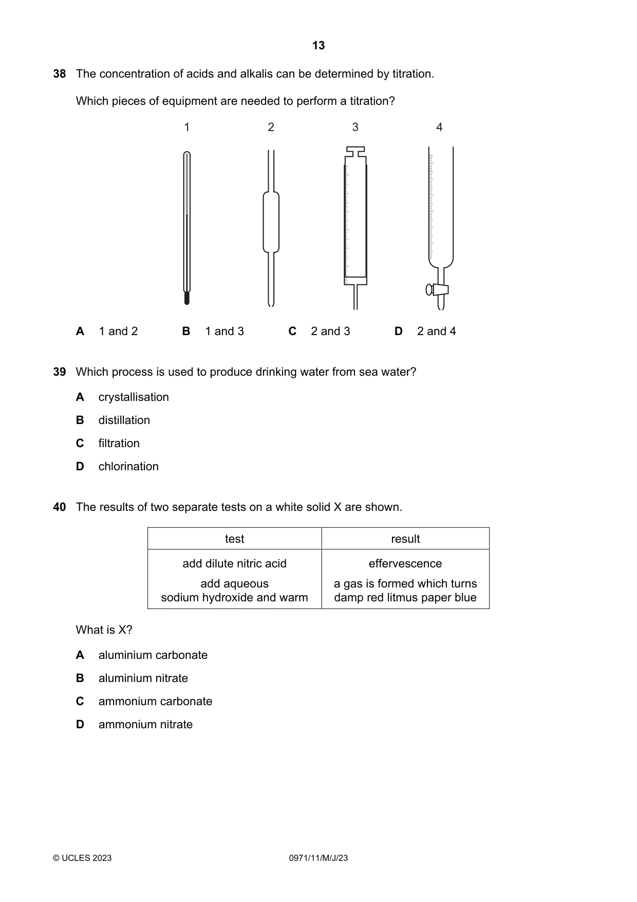 Cambridge IGCSE Chemistry (9-1) 0971 2023 May/June Paper 1 · Variant 1 question paper, page 13 of 16