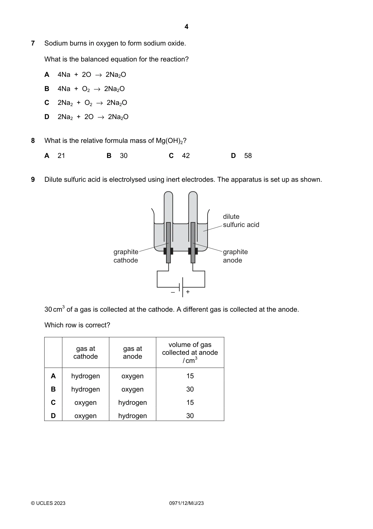 Cambridge IGCSE Chemistry (9-1) 0971 2023 May/June Paper 1 · Variant 2 question paper, page 4 of 16
