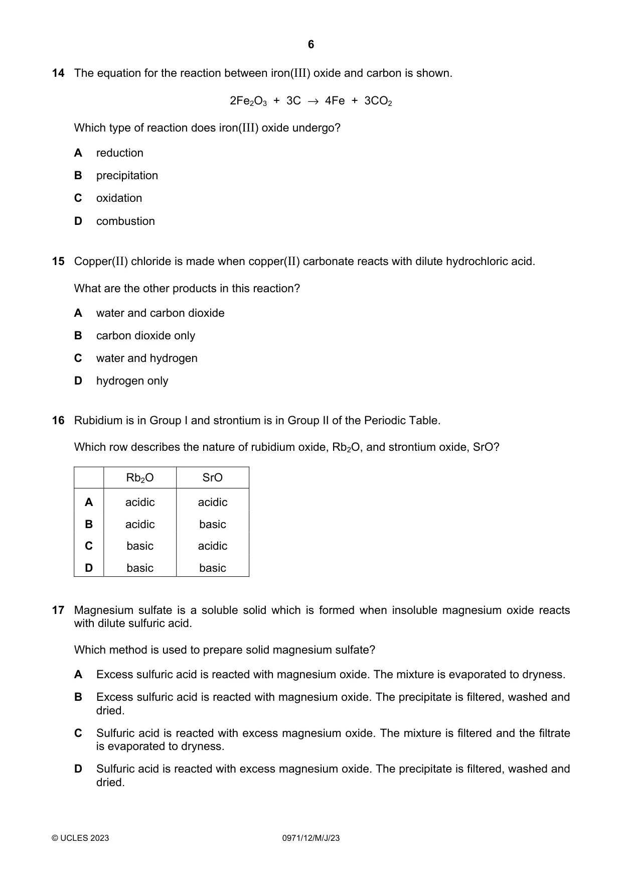 Cambridge IGCSE Chemistry (9-1) 0971 2023 May/June Paper 1 · Variant 2 question paper, page 6 of 16