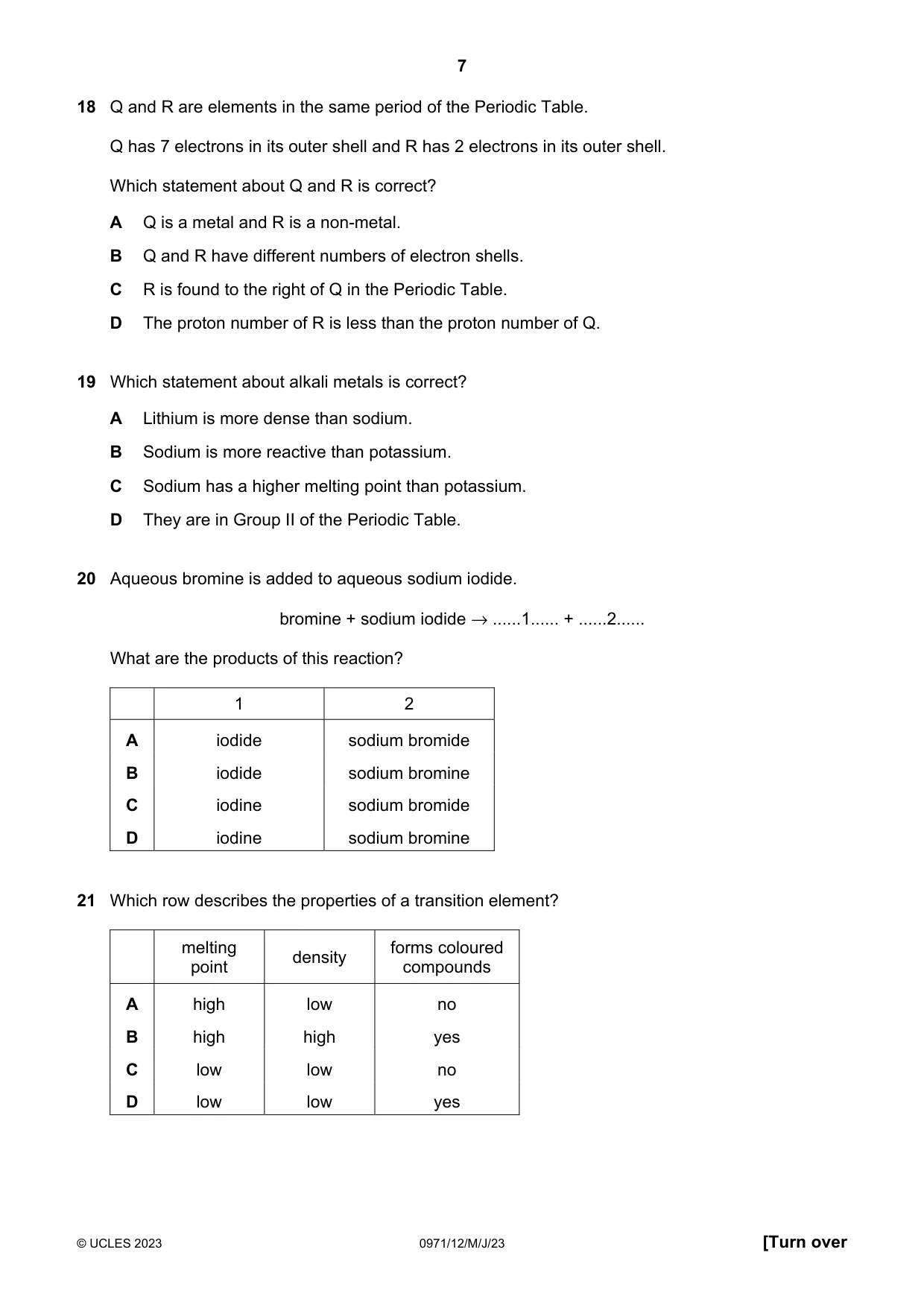 Cambridge IGCSE Chemistry (9-1) 0971 2023 May/June Paper 1 · Variant 2 question paper, page 7 of 16